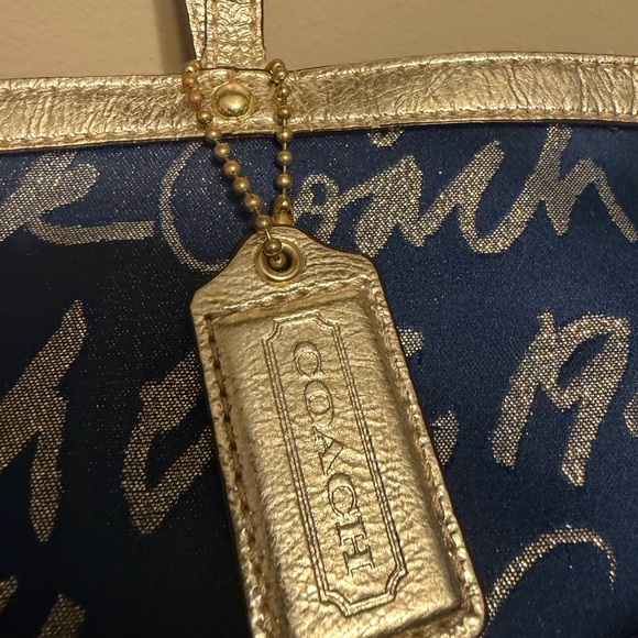 Coach Y2K Blue Gold Script Canvas Tote Shoulder Bag Hearts Charm Zip Top - Picture 2 of 16